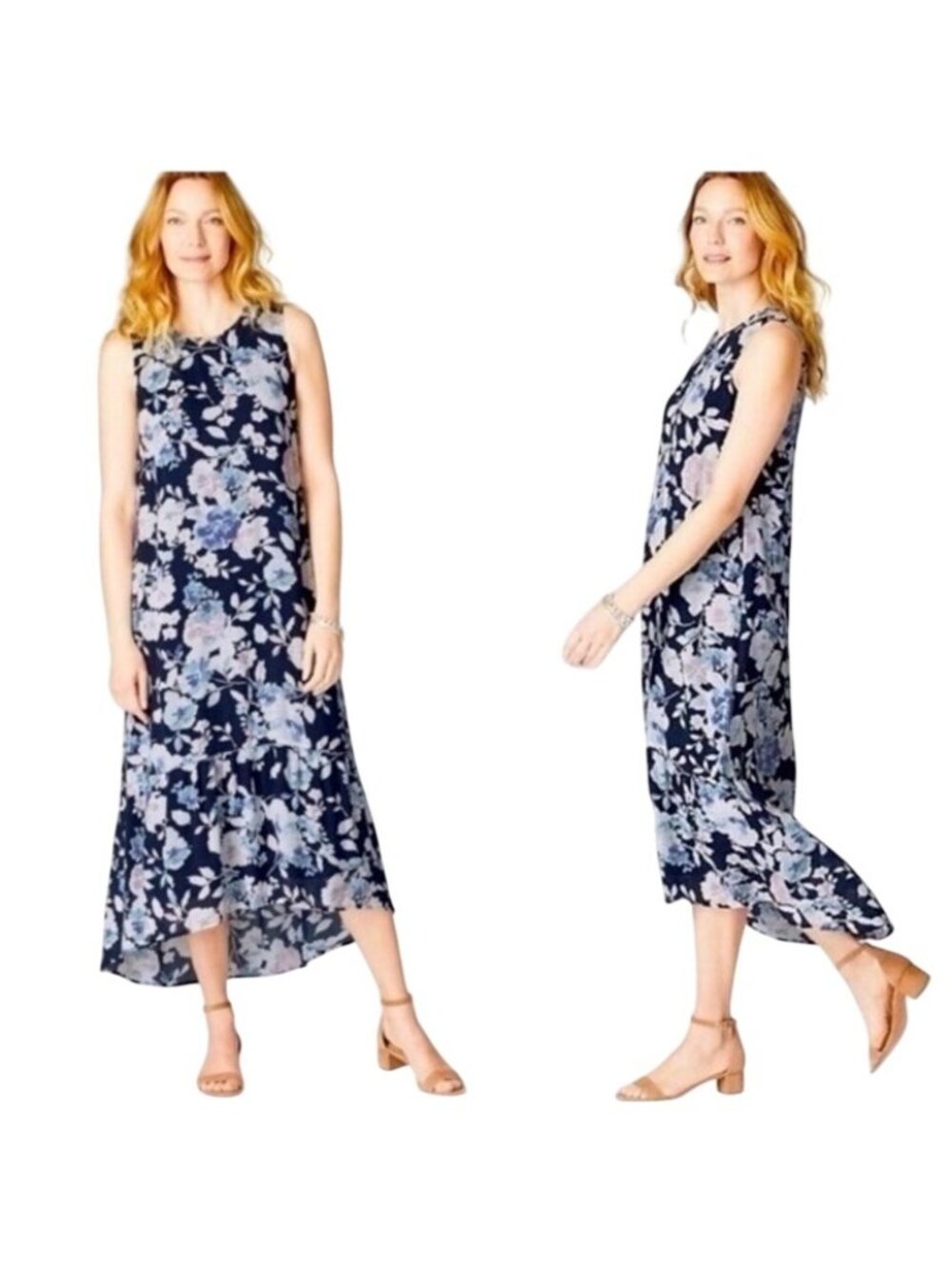 J. Jill Sleeveless Maxi Dress Womens M Navy Blue Floral Crewneck 100% Rayon - Picture 1 of 16